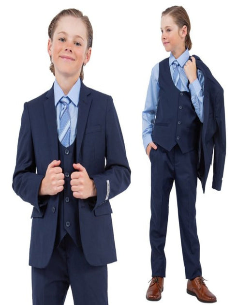 Exclusive Stacy Adams 5pc Boys Suit Solid Slim Fit, Navy