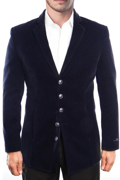 Men's Five Button Vintage Style Velvet Coat in Navy