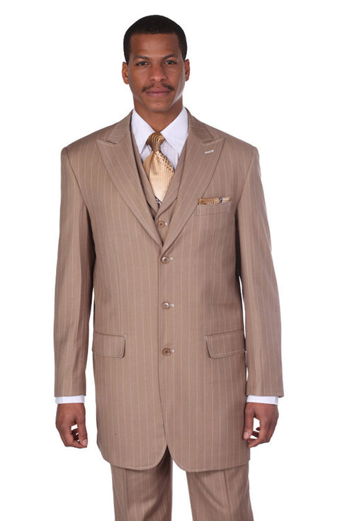 Mens 3 Button Vested Wide Peak Lapel 1920's Gangster Pinstripe Suit in Tan