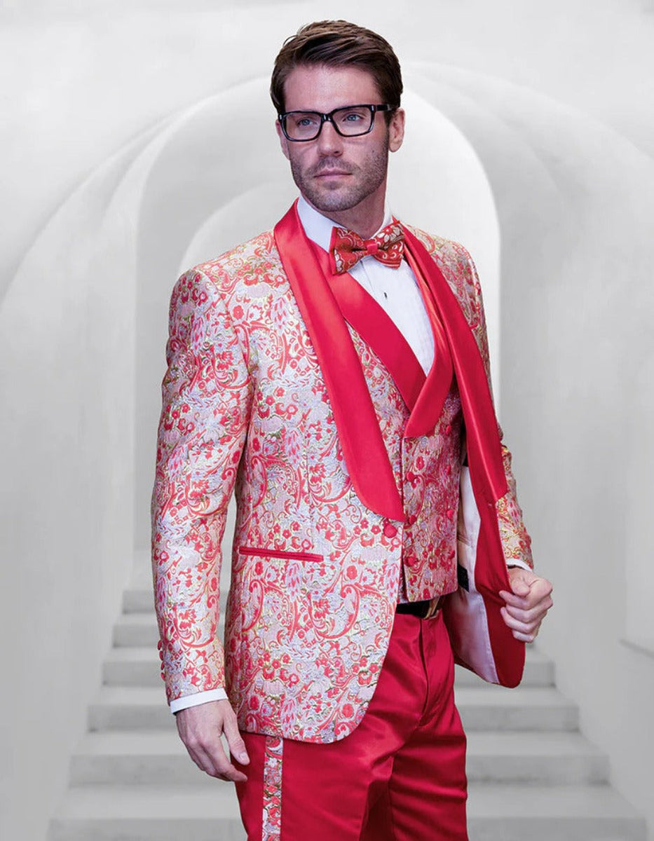 Statement Men's White with Black Peak Lapels Vested Tuxedo with Bow Tie main image 1