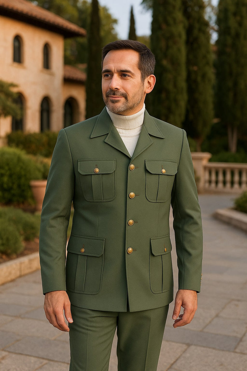 Mens Olive Green Safari Suit Set with Utility Jacket and