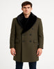 Mens Olive Green Wool Overcoat with Black Faux Fur Shawl Collar – Double Breasted Winter Coat