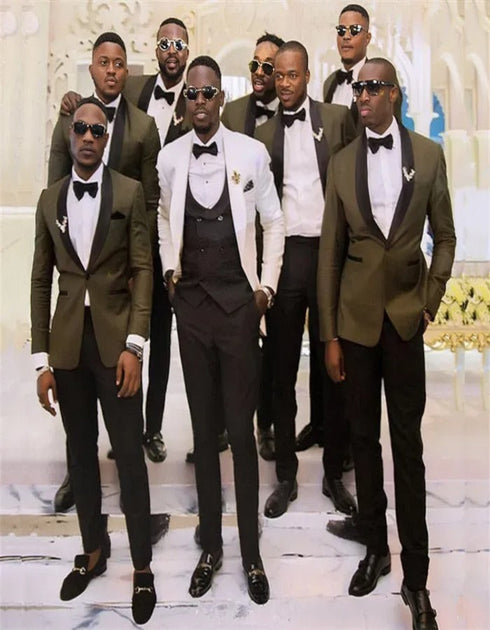 Olive Green One Button Slim Fit Shawl Lapel Wedding Groomsmen