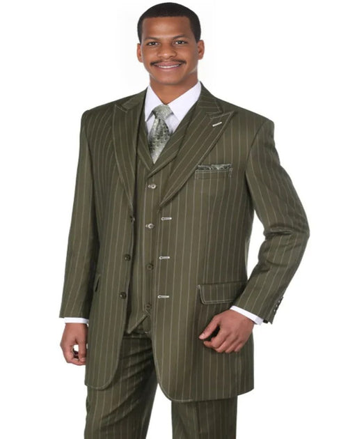 Pleated Dress Men Suits - Mens Vintage Vested Gangster Bold Pinstripe Fashion Olive Green Suit