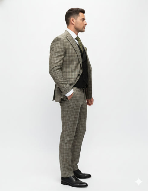 Statement Suits - Wool Suits - Peak Lapel Suits - Ticket Pocket - Modern Fit - Olive Suit