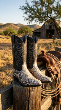 Men’s Natural Python Snakeskin J Toe Cowboy Boots with Black Western Shaft, Exotic Dress Boots