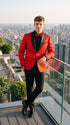 Men’s Red Paisley Jacquard Tuxedo Suit, Modern Fit Black Satin Shawl Lapel Prom Wedding Formal Suit