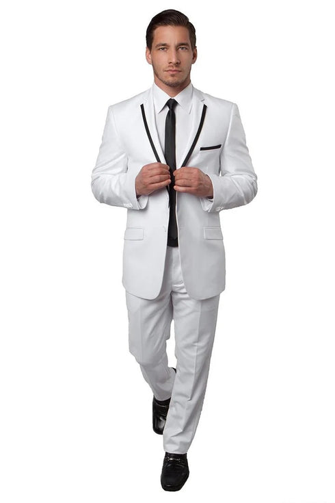 Men's Two Button Slim Fit Wedding Prom Tuxedo Suit in White with Black Piping