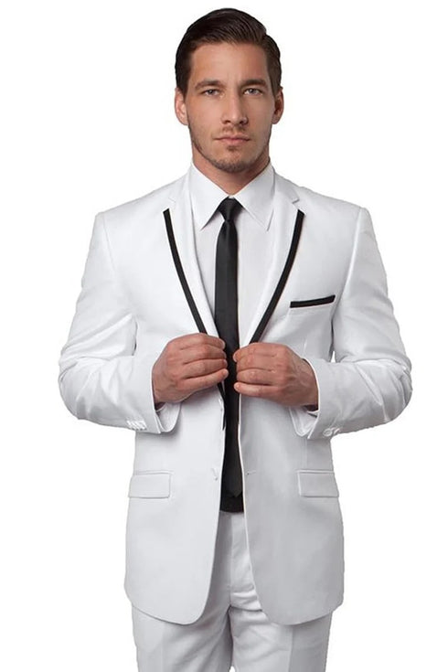 Men's Two Button Slim Fit Wedding Prom Tuxedo Suit in White with Black Piping