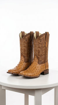 Men’s Los Altos Brown Ostrich Skin Wide Square Toe Boots, Exotic Western Cowboy Dress Boots