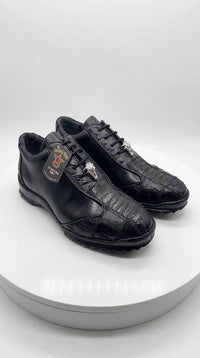 Los Altos Men’s Black Ostrich Leg Lace-Up Sneakers – Exotic Leather Casual Shoes