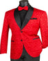 Men’s Red Paisley Jacquard Tuxedo Suit, Modern Fit Black Satin Shawl Lapel Prom Wedding Formal Suit