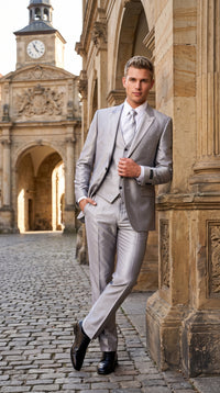 Men’s Silver Shiny Sharkskin Suit – 2 Button Peak Lapel Formal Suit with Flat Front Pants for Wedding, Prom & Party