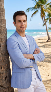 Men’s Carolina Blue Seersucker Sport Coat, Two Button Lightweight Summer Blazer