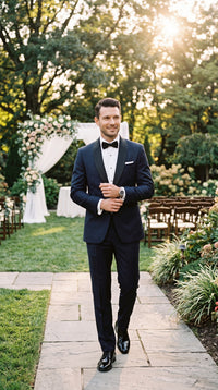 Men’s Daniel Craig James Bond Navy Blue Tuxedo Costume, 007 Inspired Black Satin Shawl Lapel Formal Wedding Suit