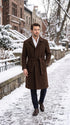Men’s Dark Brown 100% Wool Gabardine Duster Overcoat, Classic Belted Long Winter Dress Coat