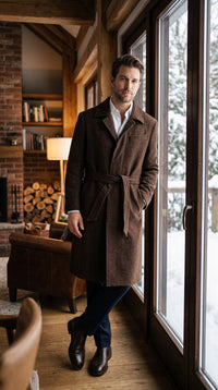 Men’s Dark Brown 100% Wool Gabardine Duster Overcoat, Classic Belted Long Winter Dress Coat