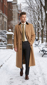 Men’s Beige Camel Chesterfield Overcoat, Wool and Cashmere Full Length Coat with Velvet Collar