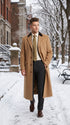 Men’s Beige Camel Chesterfield Overcoat, Wool and Cashmere Full Length Coat with Velvet Collar