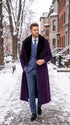 Men’s Purple Wool Overcoat, Long Winter Dress Topcoat with Black Fur Collar for Formal and Business Wear
