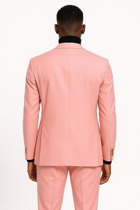 Mens Pink Double-Breasted Suit with Gold Buttons