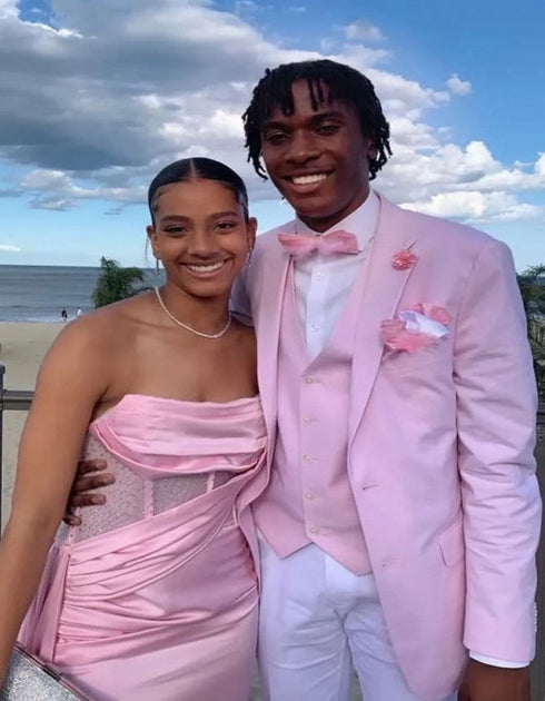 Pink And White Tuxedo Suit With White Pants + White Shirt + Pink Vest and Bowtie