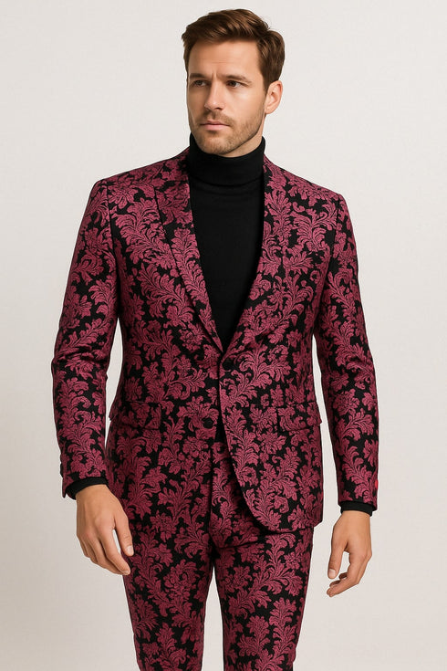 Mens Pink and Black Floral Tuxedo Suit – Slim Fit Two Piece Set