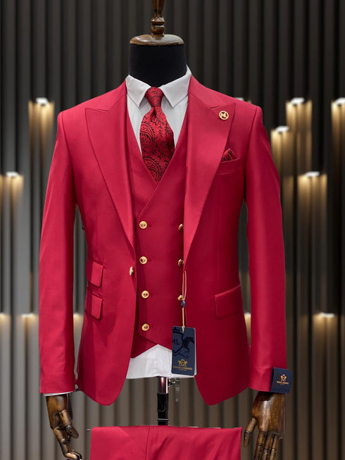 Ivory and Gold Button Wedding Suit - Off White Cream Peak Lapel with Double breasted Vest