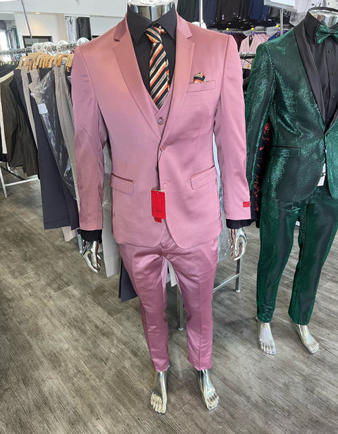 Men’s Pink 3-Piece Slim Fit Suit – Formal Wedding and Prom Outfit with Vest