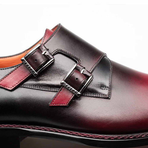 Pintor Burgundy Bi-Tone Double Monk Strap Shoes By Mezlan Made In Spain Brand