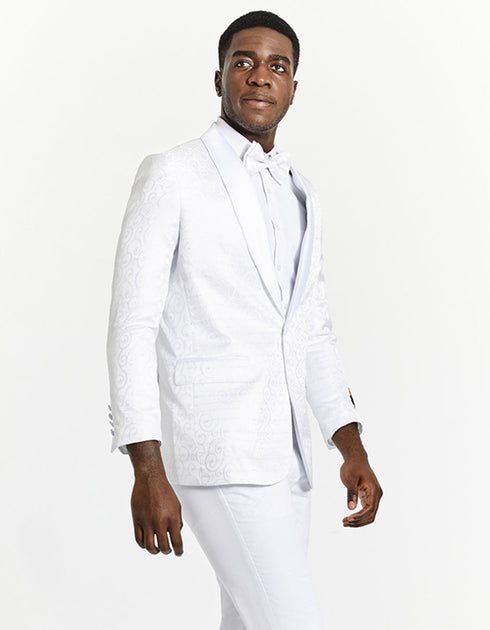 Mens Swirl and Diamond Prom Tuxedo Blazer in White White Prom Tuxedos