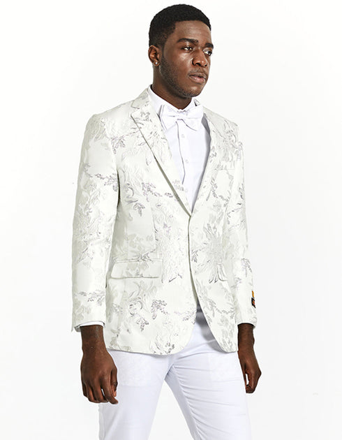 Mens Modern Fit White & Silver Floral Prom Tuxedo Blazer Silver Prom Tuxedos White Prom Tuxedos