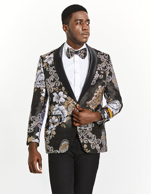 Mens Slim Fit Prom Tuxedo Blazer in Black and Silver Floral Design