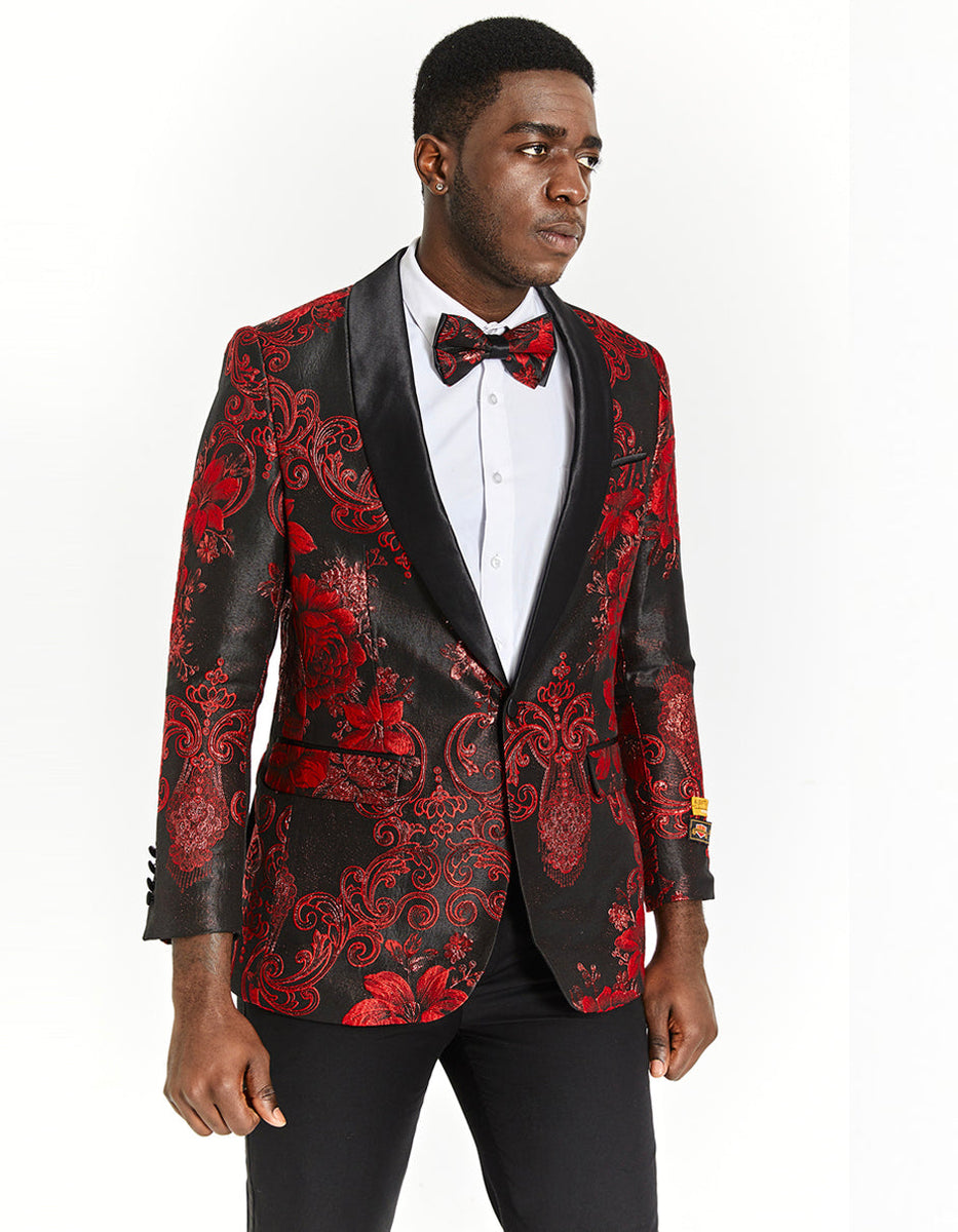 Mens Slim Fit Shiny Floral Mathcing Bowtie Sequin Prom Tuxedo Dinner Jacket in Red