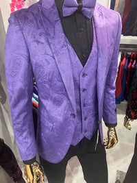 Men’s Purple Paisley Tuxedo Suit – 3 Piece Formal Set with Vest and Bow Tie