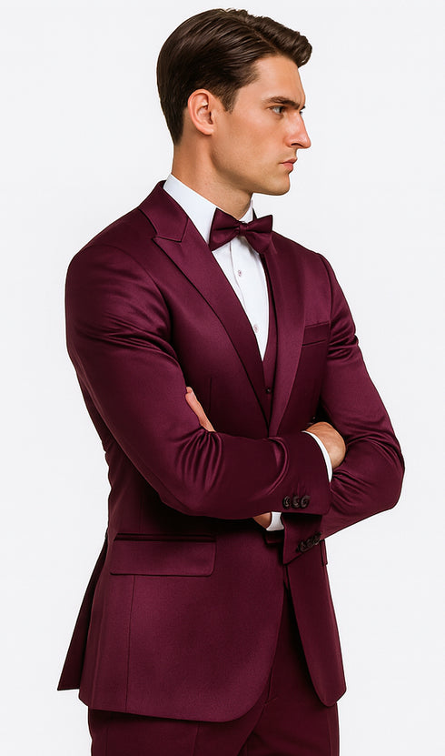 Tazzio Men's Purple Satin Double Breasted 3 Piece Skinny Fit Suit with Peak Lapel Vest and Matching Bowtie – Luxury Formalwear Ensemble