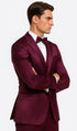 Tazzio Men's Purple Satin Double Breasted 3 Piece Skinny Fit Suit with Peak Lapel Vest and Matching Bowtie – Luxury Formalwear Ensemble