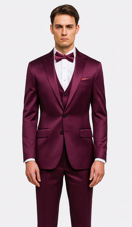 Tazzio Men's Purple Satin Double Breasted 3 Piece Skinny Fit Suit with Peak Lapel Vest and Matching Bowtie – Luxury Formalwear Ensemble