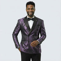 Men’s Purple Jacquard Double-Breasted Formal Tuxedo Jacket with Satin Lapel