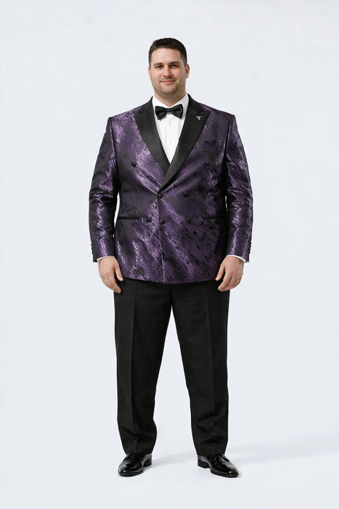 Men’s Purple Jacquard Double-Breasted Formal Tuxedo Jacket with Satin Lapel