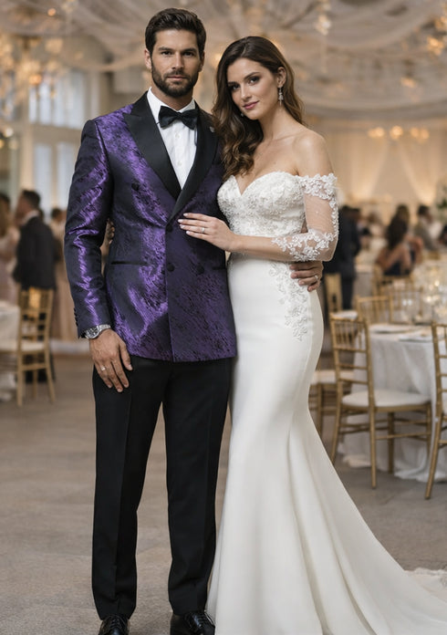 Men’s Purple Jacquard Double-Breasted Formal Tuxedo Jacket with Satin Lapel