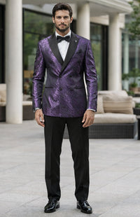 Men’s Purple Jacquard Double-Breasted Formal Tuxedo Jacket with Satin Lapel