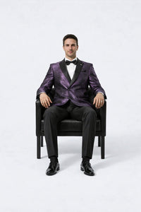 Men’s Purple Jacquard Double-Breasted Formal Tuxedo Jacket with Satin Lapel