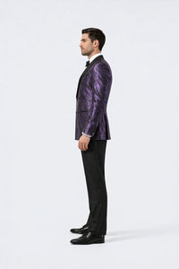 Men’s Purple Jacquard Double-Breasted Formal Tuxedo Jacket with Satin Lapel