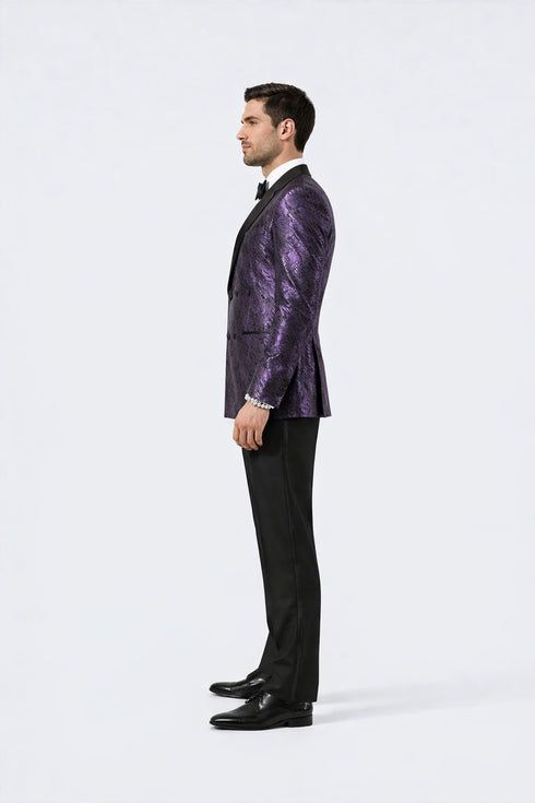 Men’s Purple Jacquard Double-Breasted Formal Tuxedo Jacket with Satin Lapel