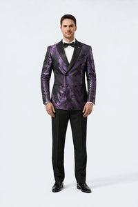 Men’s Purple Jacquard Double-Breasted Formal Tuxedo Jacket with Satin Lapel