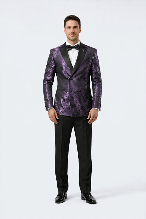 Men’s Purple Jacquard Double-Breasted Formal Tuxedo Jacket with Satin Lapel