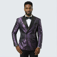 Men’s Purple Jacquard Double-Breasted Formal Tuxedo Jacket with Satin Lapel