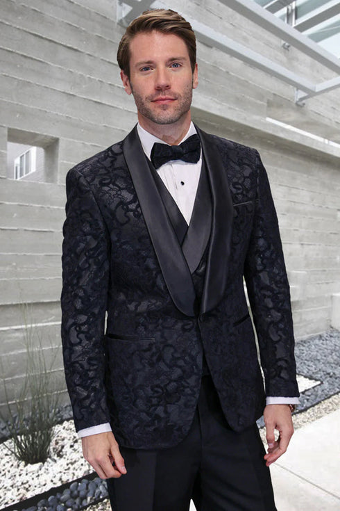 Men's Black Paisley Velvet Smoking Jacket Tuxedo with Vested Double Breasted Prom & Wed