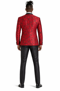 Men's One Button Slim Fit Shiny Paisely Floral Vested Prom Tuxedo In Red